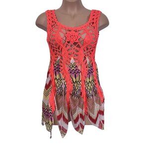 1.2.3. Boho Eclectic Chiffon & Neon Crochet CoverUp Size M/L Salmon Beach Summer